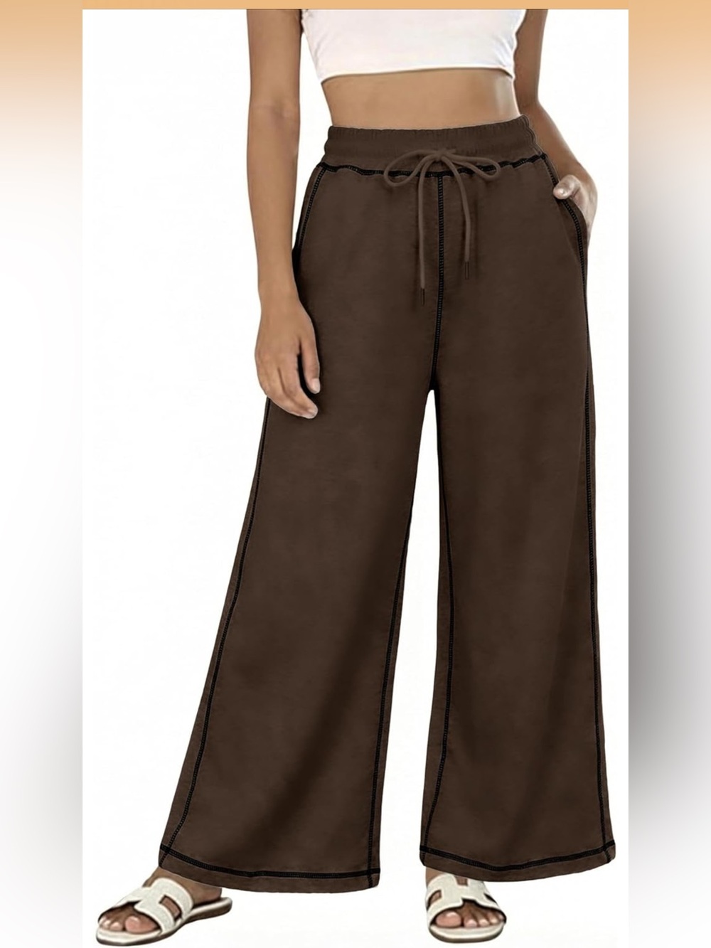 Cotton Wide Leg Drawstring Joggers. Brown. NWT. SIZE S & M